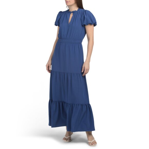 LONDON TIMES Blue Bubble Sleeve Tiered Maxi Dress